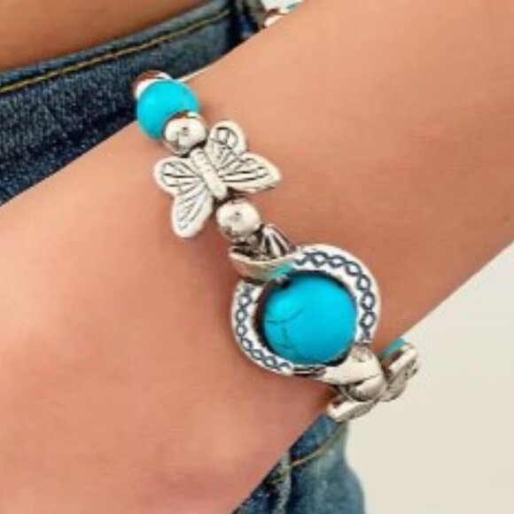 Turquoise Charm Bracelet - Handcrafted Vintage-Inspired Butterfly Bead - Picture 3 of 5